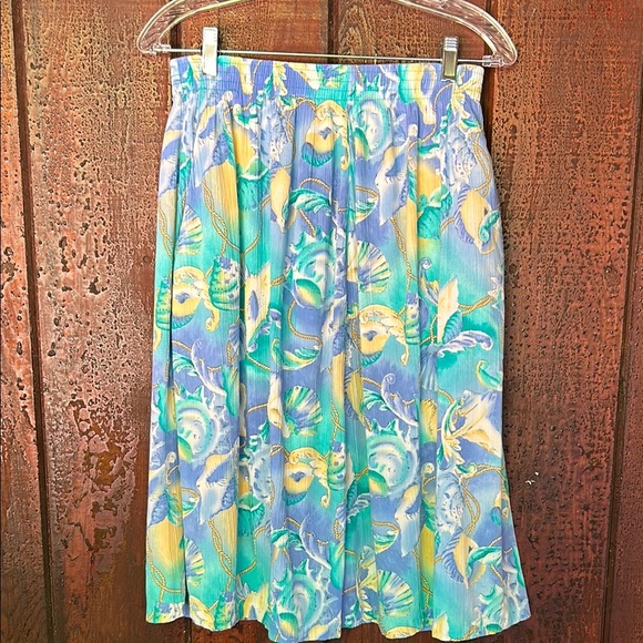 Vintage Dresses & Skirts - Vintage 90s Seashells Midi Skirt Elastic Waist Ocean Fairy Alfred Dunner Sz 14